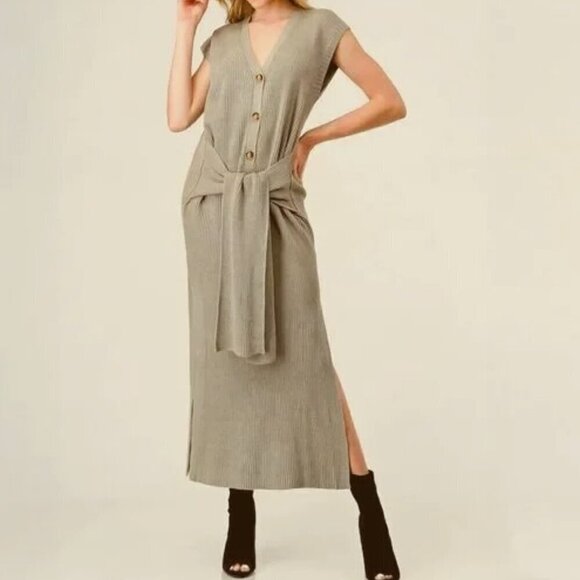 Mabel Dresses & Skirts - Anthropologie MABLE Sweater Dress Rib Knit Front Tie Beige Brown Size LG